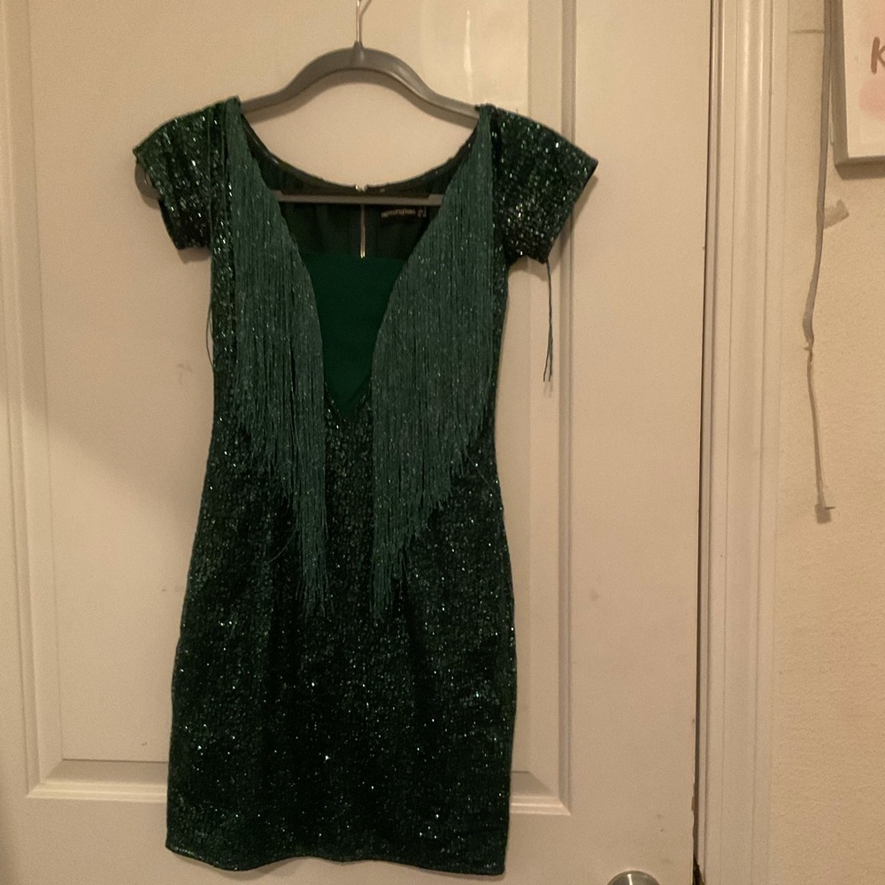 PRETTY LITTLE THING EMERALD GREEN MINI GLITTER DRESS